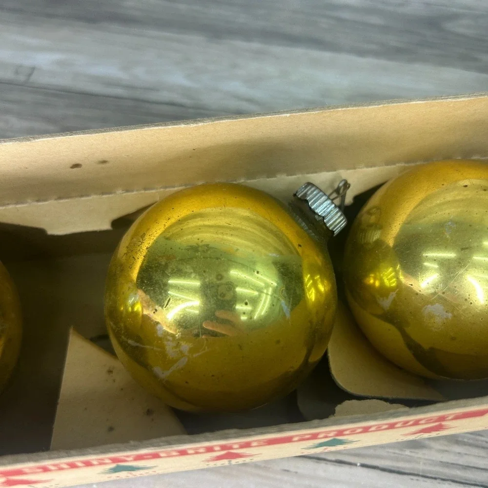 Vintage Shiny Brite Glass GOLD Christmas Ornaments in Original Box